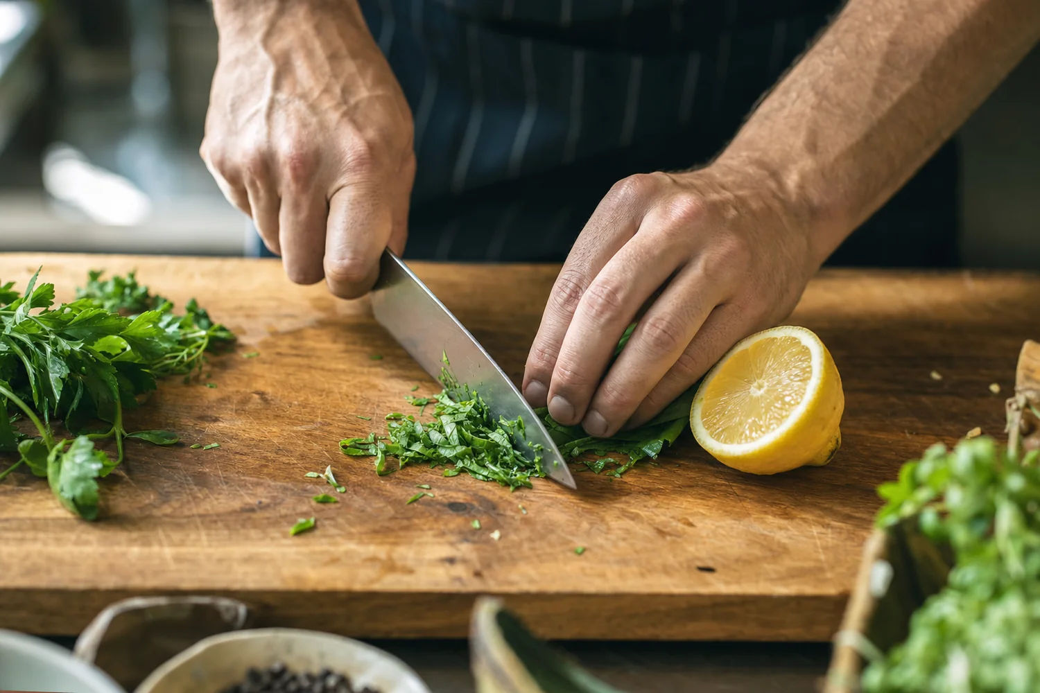A chef's hands chopping fresh ingredients on a wooden board