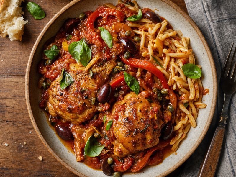 Chicken cacciatore with tomatoes and herbs in a skillet