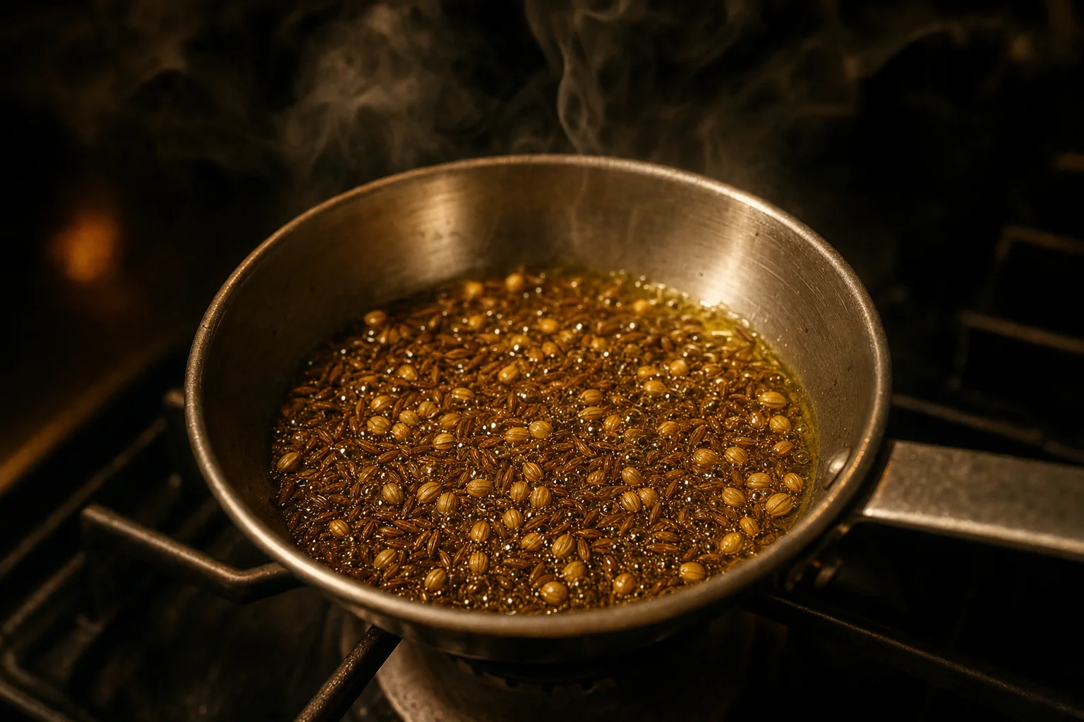 Cumin and coriander seeds frothing in shimmering oil, releasing aromatic fragrance