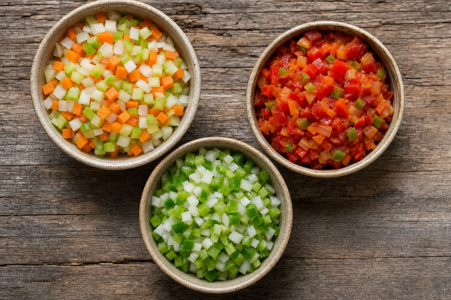 Three bowls of mirepoix, sofrito, and Cajun trinity side by side on a rustic wood table