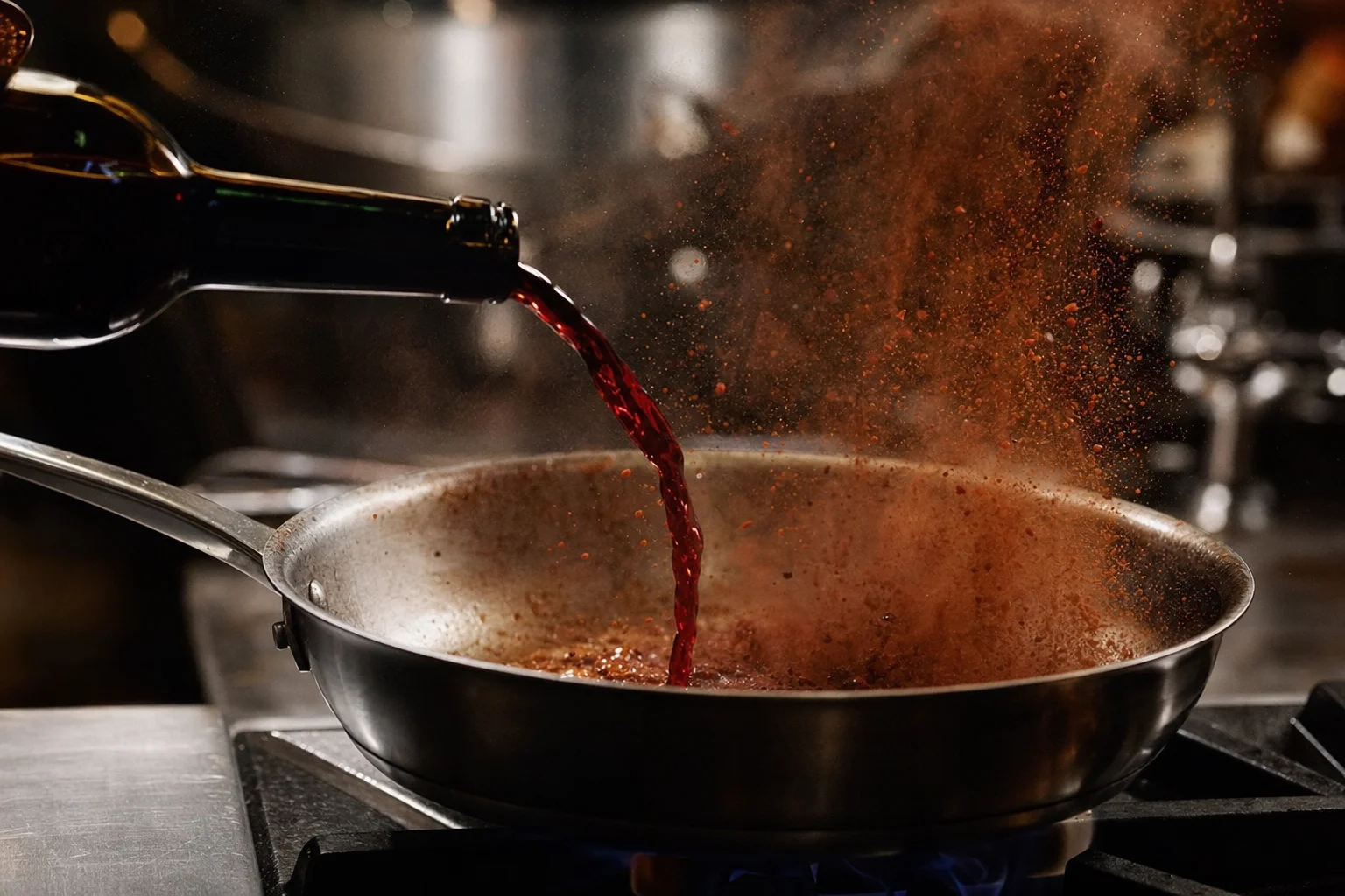 Red wine being poured into a hot pan, lifting fond in a dramatic deglazing burst