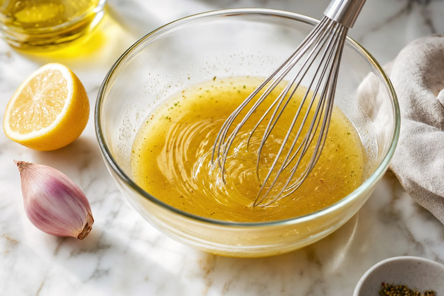 Whisking a glossy emulsified vinaigrette in a glass bowl with lemon and shallot nearby