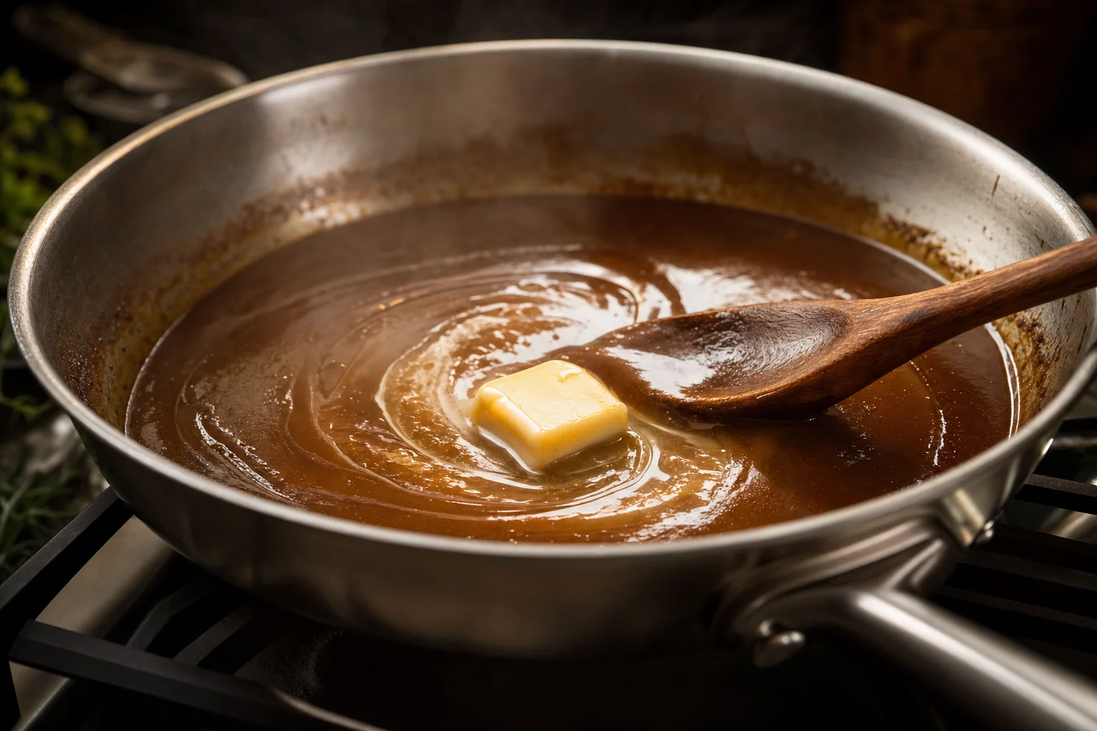 Butter being swirled into a glossy reduced pan sauce with a wooden spoon